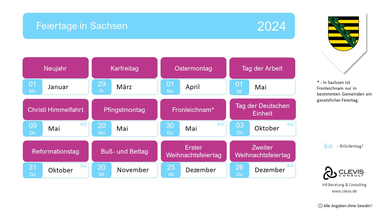 Gesetzliche Feiertage in Sachsen 2024 als PDF/ Bild/ ICS