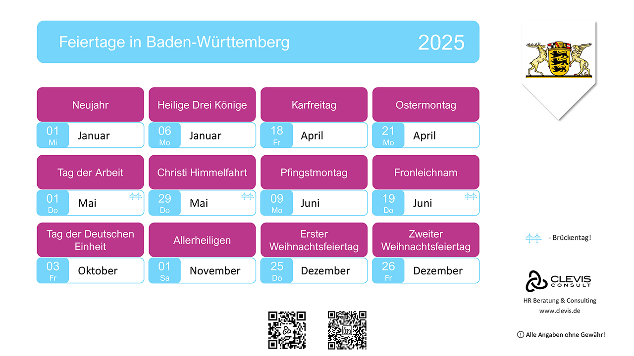 Gesetzliche Feiertage in Baden-Württemberg 2025 - PDF/ Bild